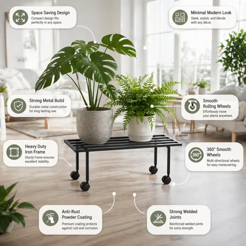 Image of ecofynd Scot 35 Inch Plant Stand with Wheels for Outdoor Balcony, Flower Pot Stand for Indoor Plants, Metal Plant Stand for Living Room, Home decor, Indoor & Outdoor plants, 1 Tier (2 Pack, PS051-BLK)