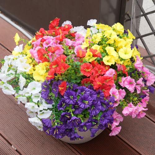 Image of Artificial Flowers for Outdoors, UV Resistant Fake Silk Morning Glory, Realistic Faux Plants for Outside Porch Patio Window Box Hanging Planter (12, Purple White Yellow Pink Red)