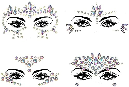 4 Pack Mermaid Face Gems Glitter, Face Gems Glow in the Dark Halloween Face Stickers Set, Crystals Face Stickers for Eyes Face Body Temporary Tattoos