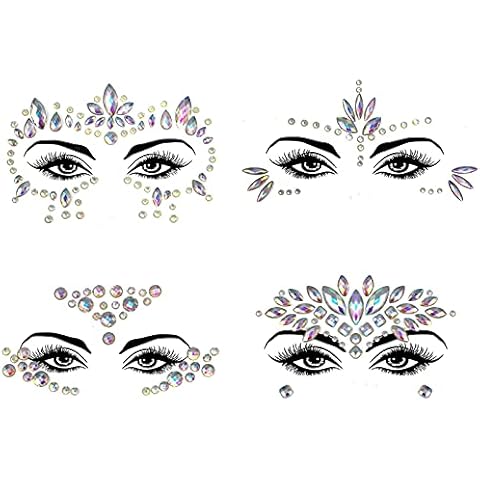 4 Pack Mermaid Face Gems Glitter, Face Gems Glow in the Dark Halloween Face Stickers Set, Crystals Face Stickers for Eyes Face Body Temporary Tattoos Cover