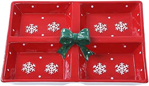 Festive Red Snowflake Christmas Themed Winter Holiday Ceramic 4-Section Server
