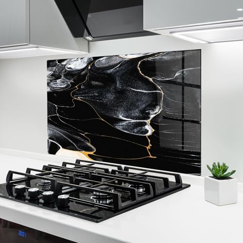 ARTHUB® Crédence de Cuisine en Verre 60x80 cm, Gold Lines on Black | Protection Contre Les éclaboussures, Revêtement Mural en Carreaux, Plaque en Verre, Verre trempé, Abstrait, Marbre