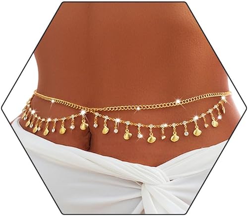 Florry Cadena de vientre con diamantes de imitación, cadena de cintura de lentejuelas, cadena de joyería para el cuerpo, cadena de playa para el