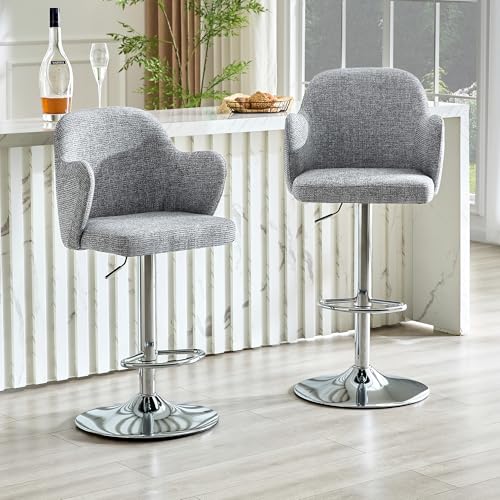 phosir Juego de 2 sillas giratorias de comedor giratorias de 360° y altura regulable, tapizadas con reposabrazos, tela gris, soporta hasta 136 kg, para mostrador de cocina y restaurante