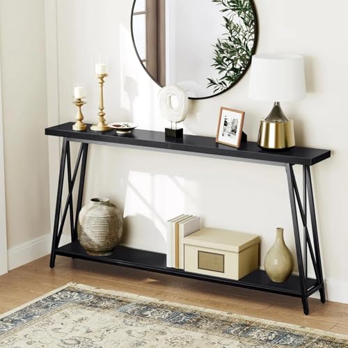 Mesa estrecha para pasillo y detrás del sofá estilo granja moderna en madera