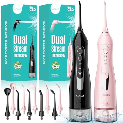 COSLUS C20 Water Dental Flosser Teeth Pick: 2 Pack 300ml Portable Cordless Oral Irrigator,Rechargeable Travel Irrigation Cleaner for Teeth,Gums,Braces Care,Ipx7 Waterproof Electric Flossing