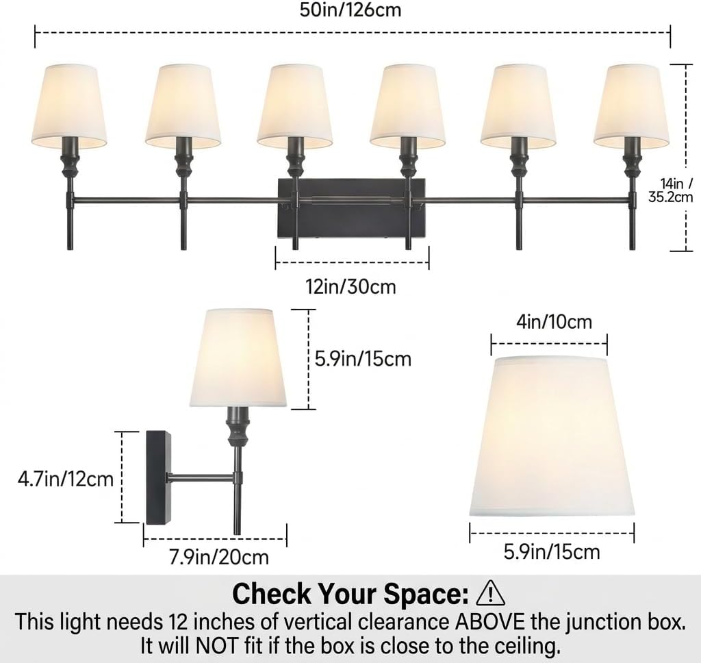 6-Light Black Bathroom Lighting Fixtures Over Mirror,50 in Vintage Bathroom Vanity Lights with Flared White Fabric Lampshade for Bedroom,Living Room,Foyer,2 Styles Modern Wall Sconce E12 Base