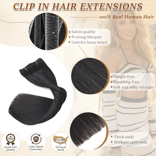 Image of Clip in Hair Extensions Real Human Hair, Human Hair Extensions Clip ins | Tangle Free, No Shedding, Human Hair Clip in Extensions, Seamless Invisible, Volume, Double Weft, 8PCS, 100g, Straight