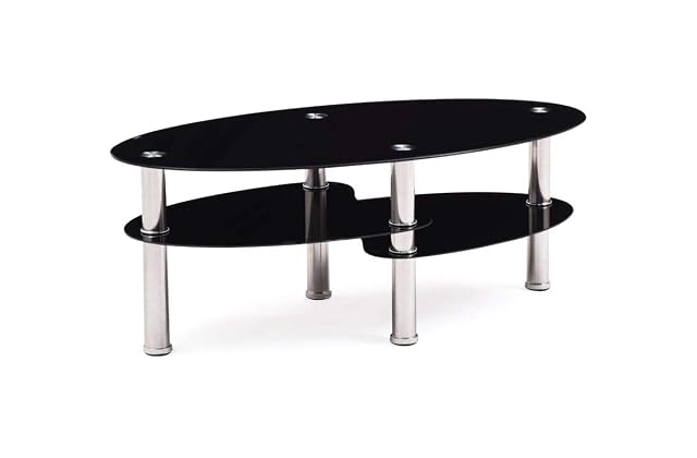 Hodedah Three Tier Oval Tempered Glass Coffee Table Black