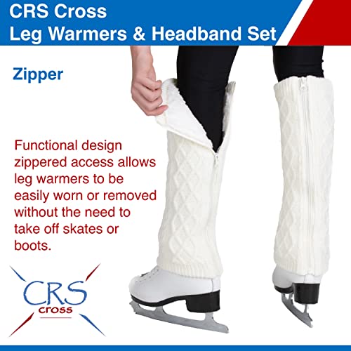 Crs Cross Leg Warmers And Headband Set For Figure Skating. Zipper Easy On/Off. Warm Knit Fleece Lined - White Long #TOP2
