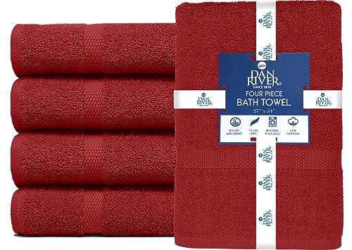 Image of DAN RIVER Bath Towels Set of 4, 27 x 54 Inches, 100% Cotton, Larger & Lighter Weight, Quicker to Dry, Super Soft and Absorbent, Ideal Absorbent Bath Towels for Daily Use, Red
