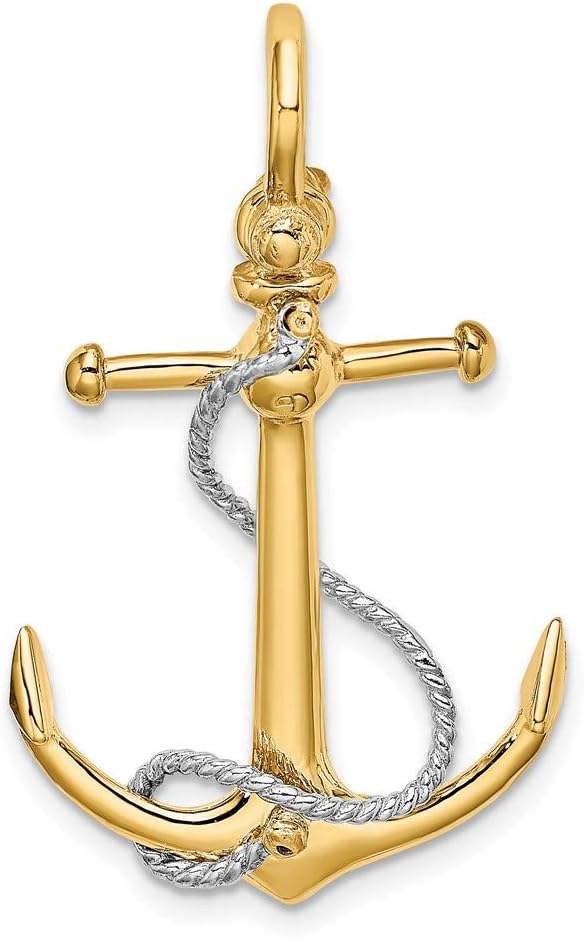 14k Two Tone Gold 3-D Anchor with T Bar and Rope with Shackle Bail Charm Pendant Fine Jewelry For Women Gifts For Her image 4 of 9 B0D5NXHCSH