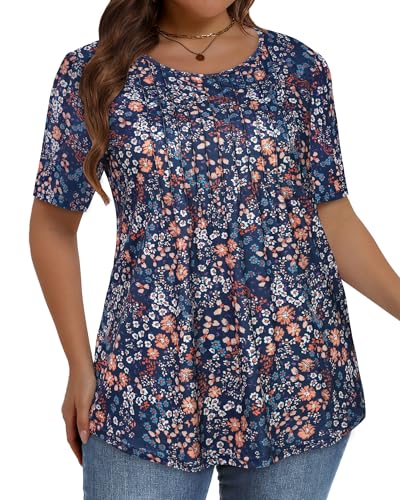 Image of Plus Size Tops for Women Pleated Summer Top Trendy Short Sleeve Shirts Casual Basic Tee Crew Neck Blouses 2026