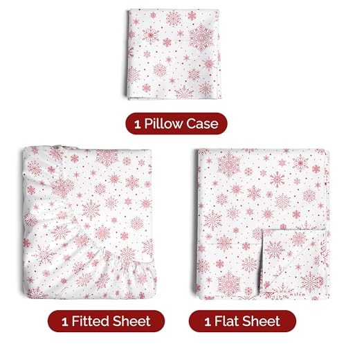 Twin XL Christmas Red Snowflakes Sheet Set - Holiday Xmas Pattern Bedding Set - Deep Pockets - Snug Fit - 3 Piece - Wrinkle Free - Comfy Festive Winter - Holiday Sheets for Women, Men, Kids & Teens