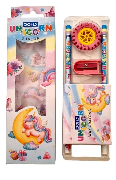 Image of Doms Unicorn Junior Kit | Combination of 4 Various Stationery Items: Pencil, Eraser, Pencil Sharpener, Wax Crayons | School Essentials for Kids | Official Merchandise