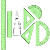 Zonon 1 Set Plastic Geometry Math Set Includes Drawing Compass, 6 Inch 4 Inch Protractor, 45/60 Degree Triangle Rulers 12 Inch 6 Inch Math Ruler Transparent for Office Supplies(Green)