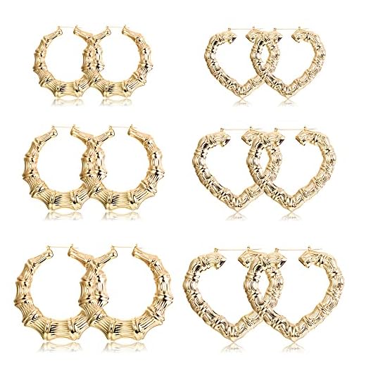 Fansliver 6Pairs Bamboo Earrings Set Hollow Casting Hip-Hop Large Bamboo Earring For Women Oversize Different Shape Gold Hoop Earrings Set Fashion Rapper Accessories Jewelry …