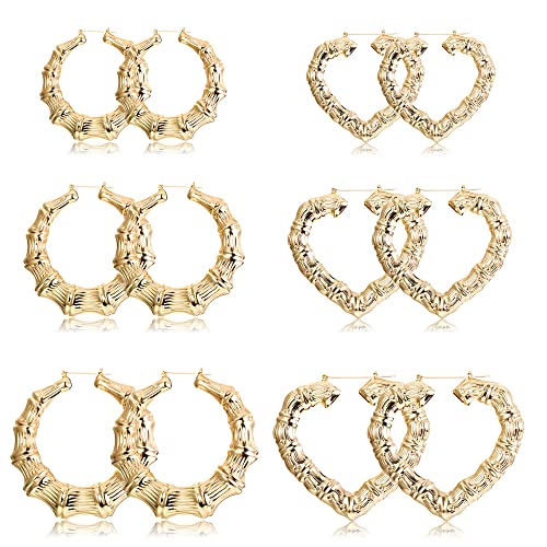 Fansilver 6-10 Pairs Bamboo Earrings Set Hollow Casting Hip-Hop Large Bamboo Earring For Women Oversize Different Shape Gold Hoop Earrings Set Fashion Rapper Accessories Jewelry