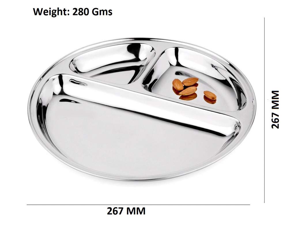 Bhojan Thali Lot de 6 compartiments ronds 3 en 1 en acier inoxydable 267 x 267 mm