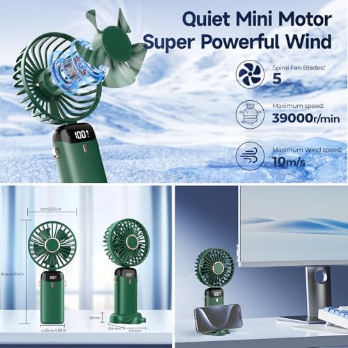 Image of Rechargeable Portable Handheld Fan,3000mAh Battery Operated Mini Fan,5 Speeds and LED Display,Long Lasting Desk Fan for Office,Bedroom,Outdoor Activities and Travel (Green)