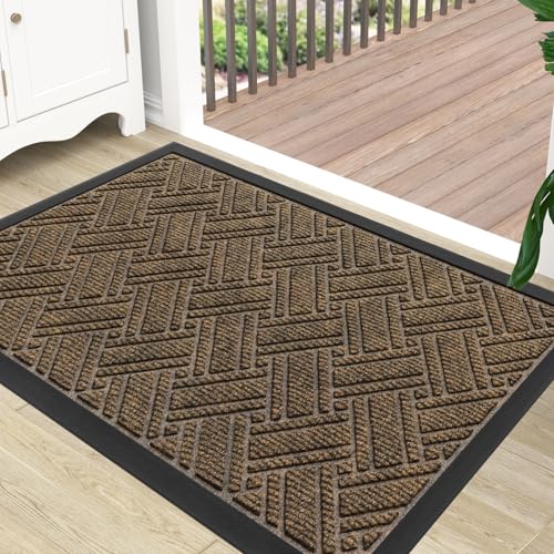 OLANLY Indoor Outdoor Mat Sturdy Natural Rubber Floor Mat Non Slip Low Profile Waterproof Doormat and Stain Front Door Mat Easy Clean Patio Entrance Mat 36×24 Brown