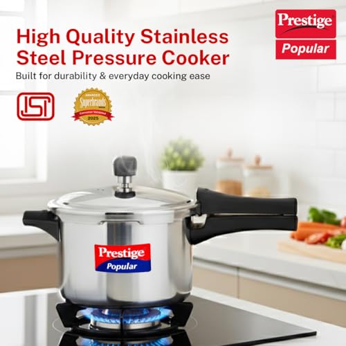 Image of Prestige 5 Litre Stainless Steel Popular Outerlid Pressure Cooker |Gas & Induction Compatible|3 layers sandwich bottom|Controlled Gasket Release System|5 Years warranty|ISI Certified