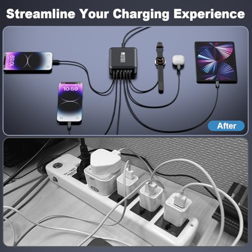 USB C Fast Charger Block, 120W 6-Port Charging Station Hub Adapter, USB C Wall Multi Charger Power Strip Plug with On/Off Switch for iPad iPhone 17 16 15 14 13 12 Pro Max Galaxy S23 (Black) — view 4