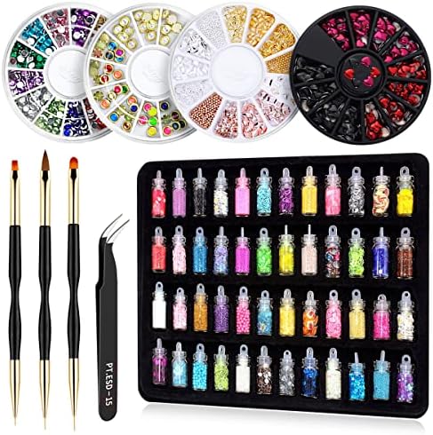 Nail Art Decorations Kit with 48 Colors Chunky Sequins & Fine Glitter Powder Mix, Glitter Sequins Nail Rhinestones, Pick-Up Tweezers, Nail Brushes Dotting Tools  