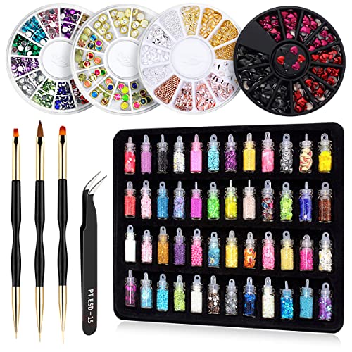 Nail Art Decorations Kit With 48 Colors Chunky Sequins & Fine Glitter Powder Mix, Glitter Sequins Nail Rhinestones, Pick-Up Tweezers, Nail Brushes Dotting Tools   #TOP3