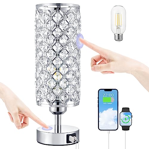 Crystal Touch Lamp with Touch Control, Sliver Table Lamp with USB...