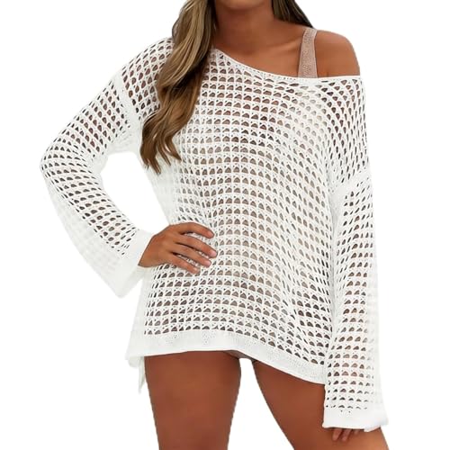 CAMNOW Womens Crochet Crop Tops Y2k Knit Shrug Sweater Hollow Out Long Sleeve Bikini See Through Cover Ups (US, Alpha, Large, Regular, Regular, White-2)
