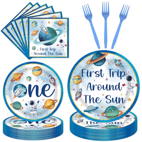 First Trip Around The Sun Decorations - 96PCS First Tirp Around The Sun Plates and Napkins Party Supplies Outer Space 1st Birthday Decorations Boy Disposable Paper Tableware Set Serves 24 Guests