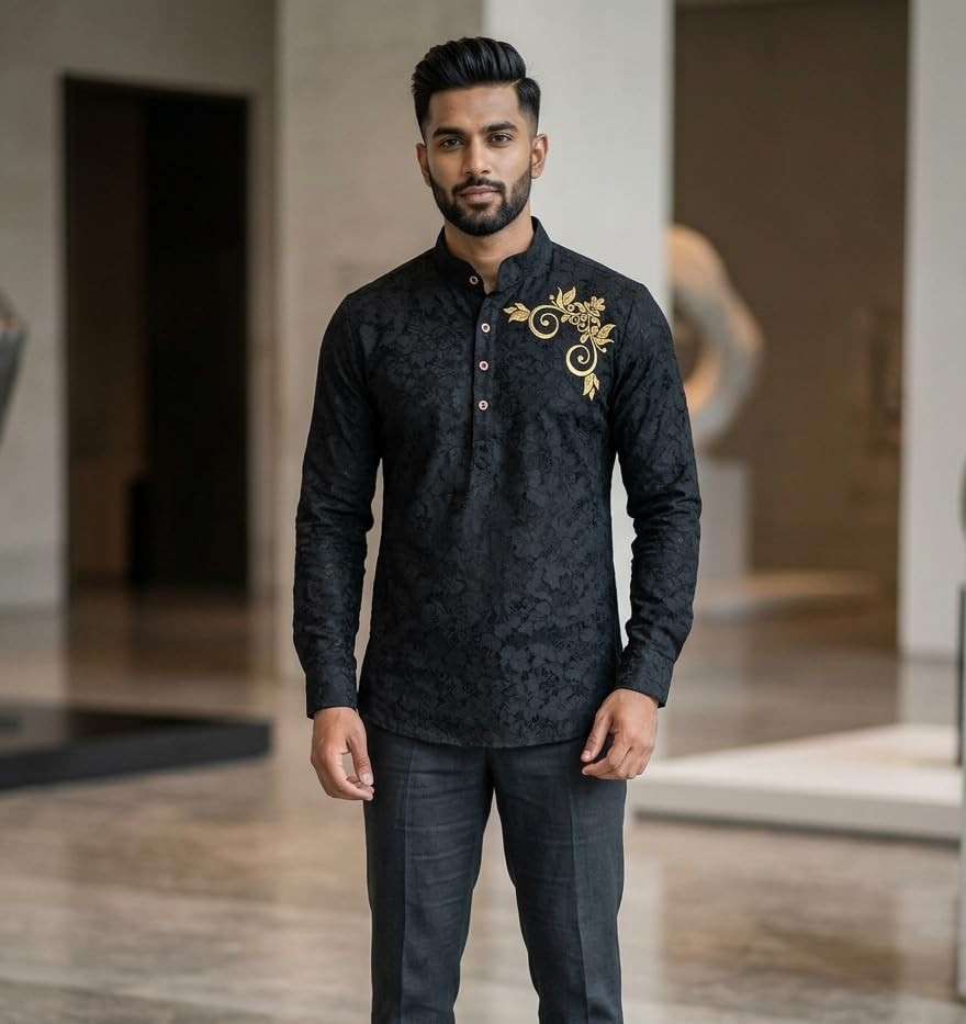 Image of DEEMOON Men's Full Sleeve Short Kurta Shirt with a Trendy Mandarin Collar Crafted from a Premium Cotton Blend for Comfort Ideal for Casual and Semi-Formal Occasions