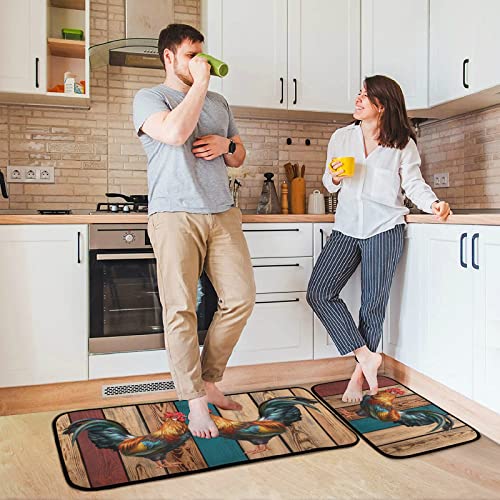 Kitchen Rugs Set 2 Piece Roosters Farmhouse Non Slip Bathroom Floor Mats Anti-Fatigue Washable Carpet Doormat - 27"X19"+47"X19" #TOP3
