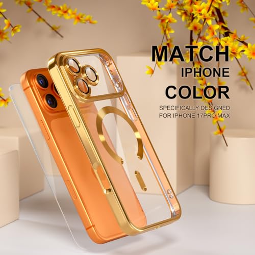 Image of Misea Magnetic for iPhone 17 Pro Max Case Compatible MagSafe Gold | [Never Yellowing] [Military Drop Protection] Full Camera Lens Protector Plating Soft Clear Phone Case for Women, Gold