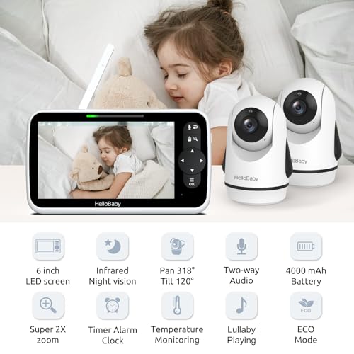 Image of HelloBaby Video Baby Monitor with Upgraded 6 inch IPS Large Screen, Split Screen with 2 Cameras, Night Vision and Temprature Monitoring, Remote Pan-Tilt-Zoom Camera, No-WiFi