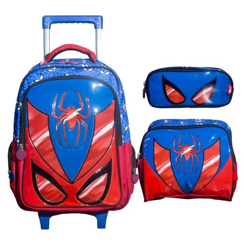 Kit Mochila Rodinha Lancheira Estojo 3D Spider Yins YS42239 (Azul/Vermelho)
