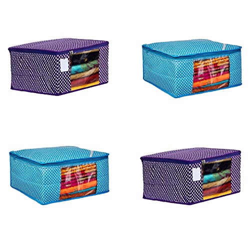 Image of with Transparent Window Set| Bag Clothe|Cotton Saree Cover Closet Orgnizer /Saree Bags for Wardrobe Orgnizer Clothe Covers |Suit Bag| Cover (Pack of 4, SkyBlue + Purple)