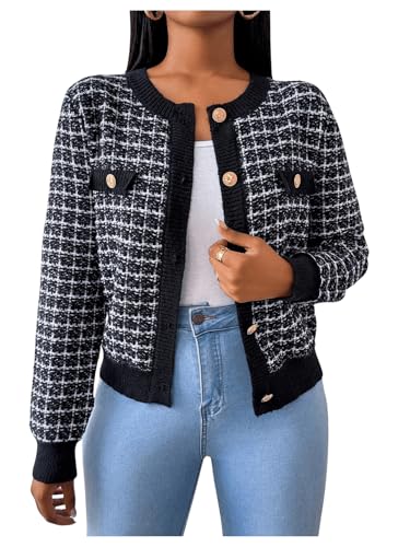 MakeMeChic Women's Plaid Print Crew Neck Button Down Long Sleeve Cardigan Sweater