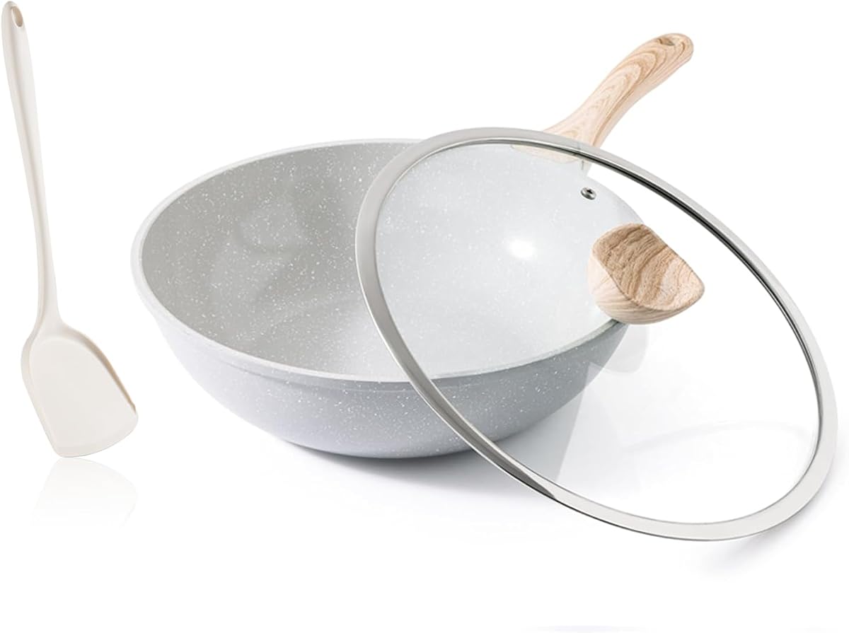 Kordisen Sartén Wok de cerámica, Wok antiadherente de 12 pulgadas con tapa, Woks y sartenes saludables no tóxicos para cocinar, utensilios de cocina de inducción, sin PFOA ni PFAS (gris)