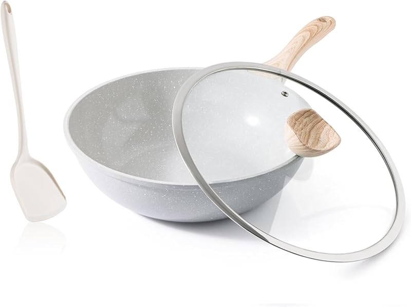 Kordisen Sartén Wok de cerámica, Wok antiadherente de 12 pulgadas con tapa, Woks y sartenes saludables no tóxicos para cocinar, utensilios de cocina de inducción, sin PFOA ni PFAS (gris)