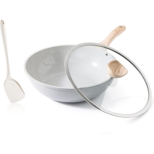 Ceramic Wok Pan, 12 Inch Nonstick Wok with Lid, Healthy Non Toxic Woks & Stir-fry Pans for Cooking, Induction Cookware, PFOA & PFAS Free