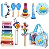 MAXZONE Toddler Kids Musical Instruments Sets, 12pcs Wooden Percussion Instruments Toys Tambourine Xylophone for Kids Playing Preschool Education, Early Learning Musical Toys for Boys and Girls Gift