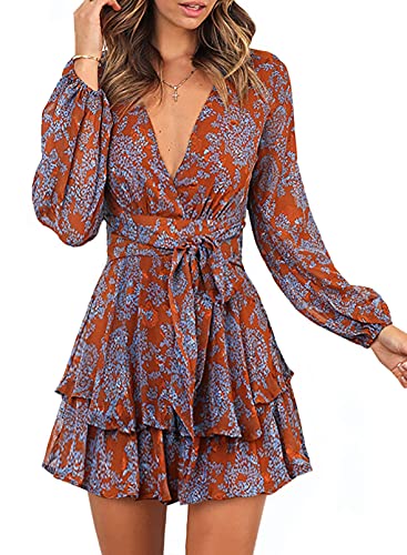 Dokotoo Womens Ladies Casual Summer Birthday Spring Ruffle Elegant Floral Long Sleeve Tie Knot V Neck Cute Chiffon Boho Beach Tunic Swing A Line Mini Short Skater Dresses for Women 2022 Red Large