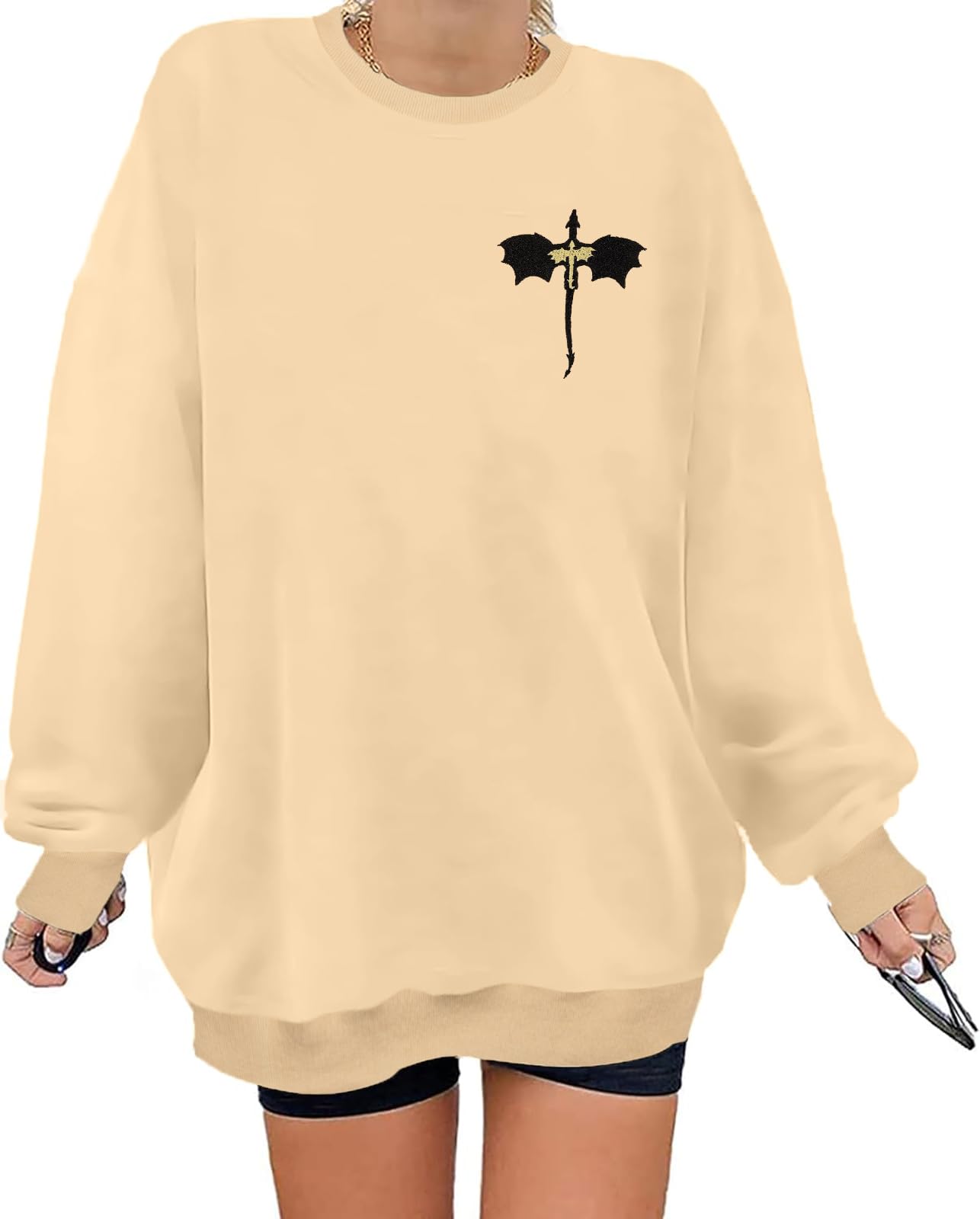 Photo 1 of LOTUCY Fantasy Book Sweatshirts Dragon Rider Sweatshirt Embroidery Dragon Graphic Sweater for Women Book Lover Gift Shirt X-Large Apricot