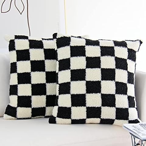 JOJUSIS Decorative Throw Pillow Covers Luxury Style Checkerboard Pattern Cushion Case Super Soft Faux Fur Wool Pillowcases for Couch Bedroom Pack of 2 (Black, 16 x 16-Inch) Cover