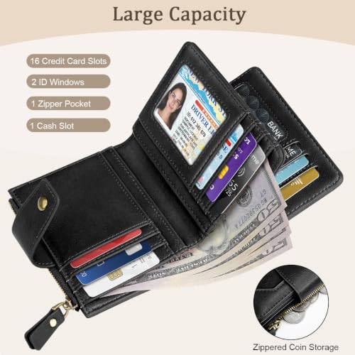 Image of Small Womens Wallet Billfold RFID Credit Card Holder Ladies Purse | Compact Wallets Women, 2 ID Windows,16 Card Slots, Zipper Coin Pocket, PU Leather, Woman Female Girls Gift, Black