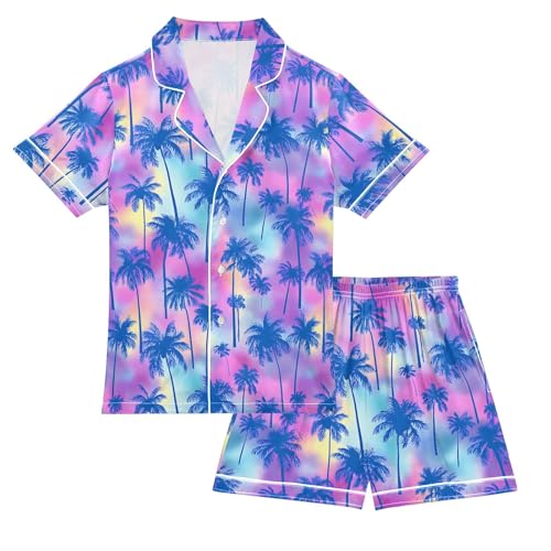 Colorful Blue Palm Tree Pattern Summer Satin Pajama Set, Cute Button-Down Sleepwear Pj Set for Sleep Wears