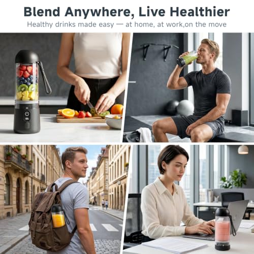 Image of Portable Blender, USB C Rechargeable Small Smoothie Blender with Lid | Personal Blender for Shakes, protein, 8 Blades, Travel Friendly Mini Mixer for Home, Office, Gym, 17oz Black