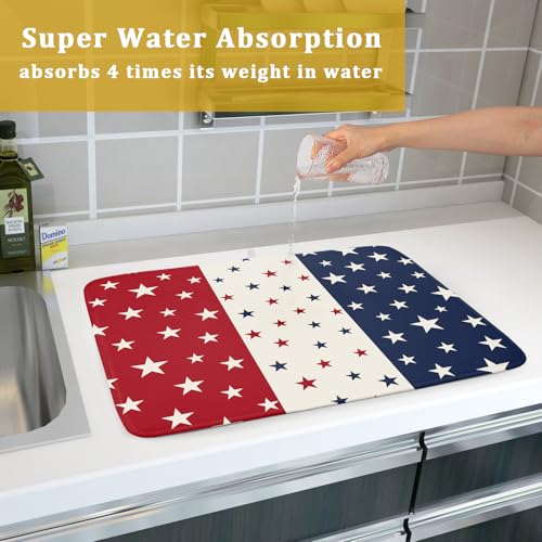 Blue Red White Star July of 4th Patriotic Dish Drying Mat for Kitchen Counter 18x24 Independence Day Absorbent Reversible Microfiber Drying Mats Kitchen Countertop Protector Dishes Drainer Rack Pad by Aytipun - Used condition - Image 7